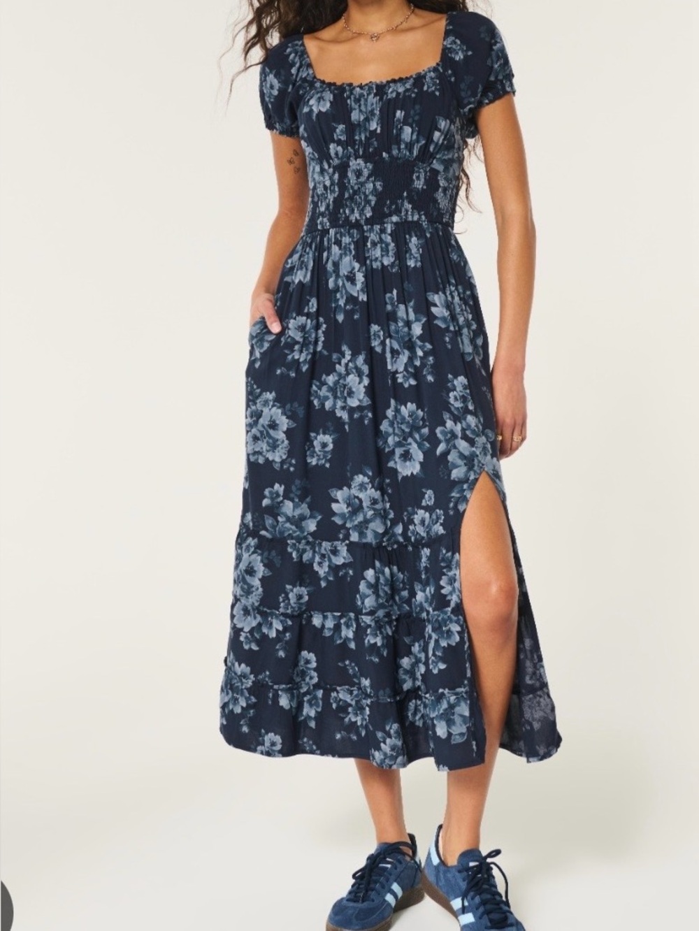 Hollister Navy Floral Midi Dress with Square Neck and Side Slit